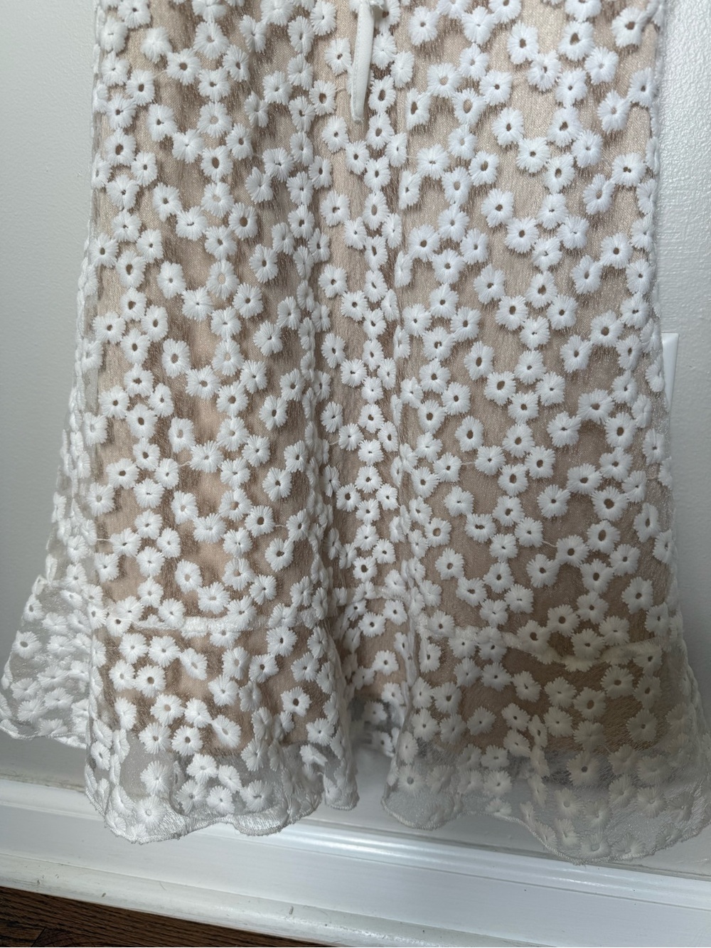 Lulus white nude embroidered mini dress ruffle S - Picture 9 of 10